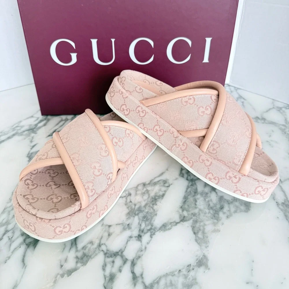 Gucci GG Canvas Platform Slide Sandals Pink Crisscross 816798 FAD9D 6845 Size 39